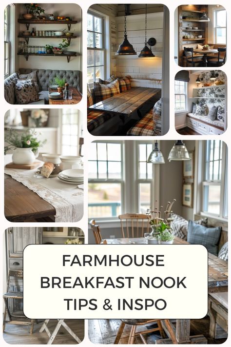 Collage of cozy farmhouse breakfast nooks with rustic tables, plaid cushions, and ambient lighting. Breakfast Nook Turned Office, Farmhouse Kitchen Nook Ideas, Breakfast Room Ideas Farmhouse, Boho Breakfast Nook Ideas, Breakfast Nook Ideas Farmhouse, Breakfast Table Ideas, Corner Window Seat, Large Breakfast Nook, Farmhouse Breakfast Nook