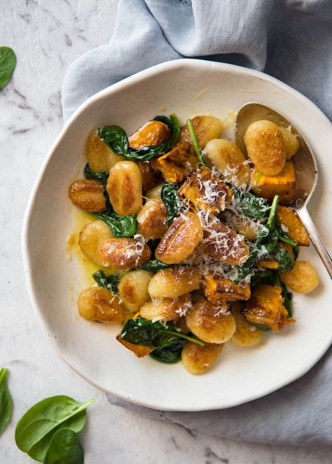 Pan Fried Gnocchi with Pumpkin and Spinach - Golden crispy on the outside, soft on the inside, with a butter sage sauce, roasted pumpkin and spinach. www.recipetineats.com Fall Gnocchi, Fried Gnocchi, Pan Fried Gnocchi, Pumpkin Spinach, Spaghetti Vongole, Sage Butter Sauce, Pumpkin Gnocchi, How To Cook Gnocchi, Gnocchi Recipe