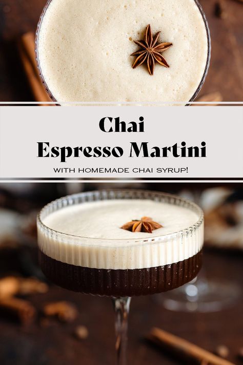 This Chai Espresso Martini is a fun fall twist on the classic cocktail. It's made with homemade spiced chai syrup full of warming spices. This espresso martini makes a great holiday cocktail during the winter months! via @healthfulideas Chai Espresso Martini, Chai Syrup, Espresso Martini Ingredients, Chocolate Bitters, Spiced Chai, Fall Drink, Make Simple Syrup, Chai Recipe, Homemade Syrup