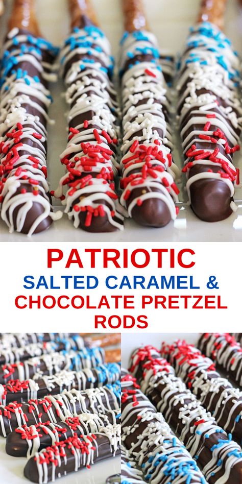 Patriotic Salted Caramel and Chocolate Dipped Pretzel Rods Recipe Patriotic Pretzel Rods, Carmel Chocolate Pretzels, Pretzel Rods Recipe, Chocolate Pretzels Sticks, Chocolate Covered Pretzel Sticks, Carmel Chocolate, Chocolate Pretzel Rods, Chocolate Dipped Pretzel Rods, Dipped Pretzel Rods