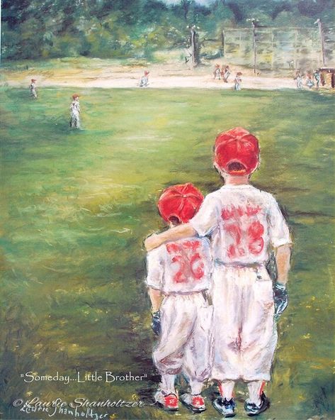 Art print of original painting by Laurie Shanholtzer. ~Two young boys gazing off onto a field where a baseball game is underway. The older brother, places a protective arm around his little brother: consoling the little boy.~ Baseball Tickets, Baseball Painting, Baseball Art, Baseball Boys, Original Pastel, Kids Baseball, We Are The World, Baseball Game, Sports Art