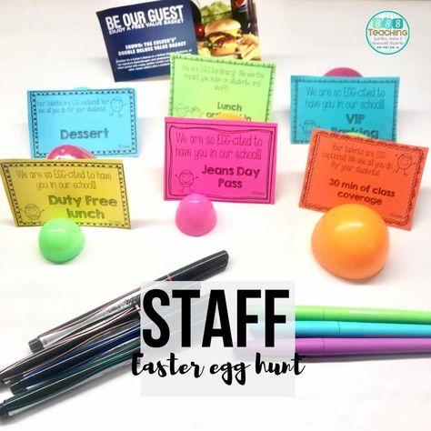 Teacher Staff Easter Egg Hunt - SSSTeaching Teacher Coupons From Principal, Teacher Appreciation Games Activities, Staff Easter Egg Hunt, Teacher Coupons, Principal Ideas, Kindness Club, Staff Ideas, Easter Foods, Sunshine Committee