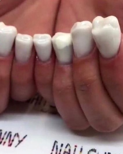 Tooth Nail Art, Funny Nail Designs, Ugliest Nails, Gross Nails, Pretty Nails Almond, Tooth Nails, Cursed Nails, Tooth Aesthetic, Pink Flower Nail Art