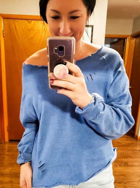 Diy Distressed Hoodie, Crew Neck Sweatshirt Diy, Distress Sweatshirt Diy, Sweatshirt Modification, Distressed Sweatshirt Diy, How To Distress A Sweatshirt, How To Cut The Neck Of A Sweatshirt, How To Cut A Sweatshirt Off The Shoulder, How To Cut A Sweatshirt