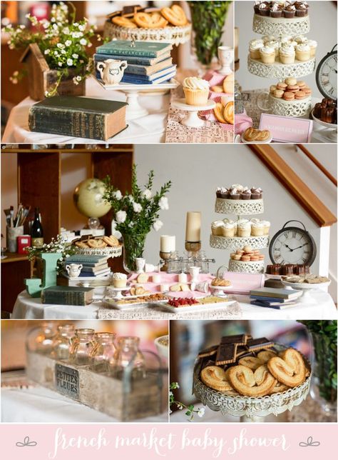 French Market Baby Shower! I know you don't get a second baby shower - wont stop me from pinning dainty pink baby shower ideas <3  I just like the books everywhere! French Market Baby Shower, French Baby Shower, Vintage Baby Shower, French Baby, Baby Shower Brunch, Baby Shower Inspiration, French Market, Shower Bebe, Shower Food