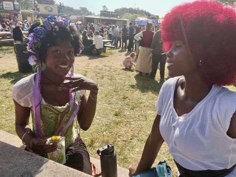 Ren Fair outfit cosplay Rapunzal hair crown flower crown fantasy aesthetic flowers in afro #fantasy-world #princess #blackcosplay #blackfaeday #renaissancefairoutfitideas #renfaire Flowers In Afro, Fair Outfit, Fair Outfits, Ren Fair, Ren Fest, Hair Crown, Crown Flower, Fantasy Hair, Aesthetic Flowers