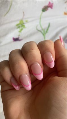 Pink French Tip With Swirls, Round Acrylic Nails Design Summer, Short Summer Acrylic Nails Almond French, French Tip Nails Lines, Multi Pink French Tip Nails, 2 Tone Pink French Tip Nails, Round Summer Nails 2023, Light And Hot Pink French Tip Nails, Two Toned Pink French Tip Nails