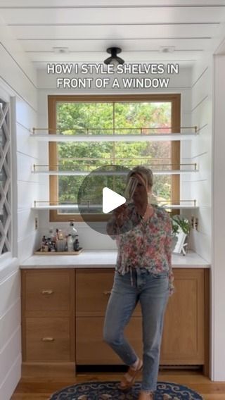 Emily Henderson on Instagram: "Would you put shelves in front of a window?? It’s controversial but I LOVE the way these bar shelves turned out so let me show you how I style them!! All of this glassware is linked on stories and here: https://liketk.it/4JIur" Floating Shelf Across Window, Kitchen Shelf In Front Of Window, Bar Shelves In Front Of Window, Kitchen Shelves Over Window, Shelves Over Kitchen Window, Cabinets Above Window, Floating Shelves Kitchen Window, Shelves Across Windows, Shelving In Front Of Windows