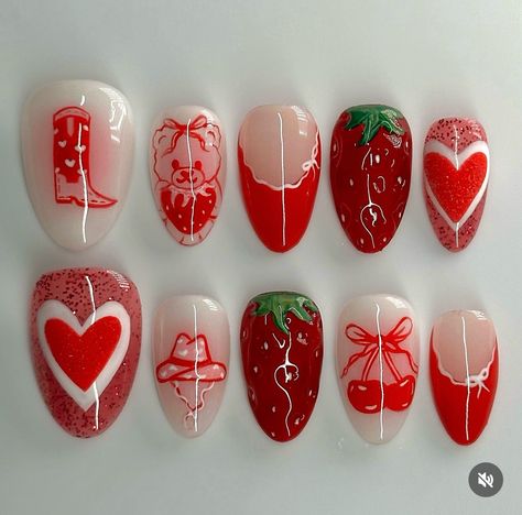 3d Heart Nails, Jan Nails, Crystal Valentine, Nails Strawberry, Strawberry Nail Art, Strawberry Nails, Gel X Nails, Heart Nail Designs, X Nails