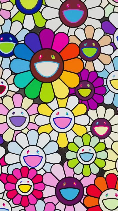 Smile Flower Wallpaper, Smiley Flower Aesthetic, Takashi Murakami Wallpaper Aesthetic, Takashi Murakami Flower Wallpaper Iphone, Doodle Wallpaper Iphone, Smiling Flower Wallpaper, Kaws Flower Painting, Takashi Murakami Flower Wallpaper, Doodle Iphone Wallpaper