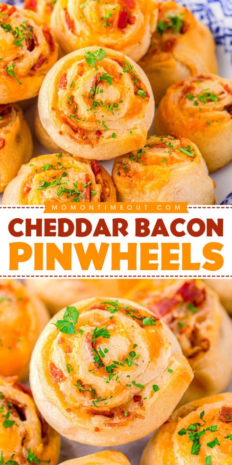 Looking for the best football appetizers? Here's an easy game day food featuring crescent roll pinwheels! 4 ingredients are all you need for this simple tailgating recipe. With a perfect balance of flavors and textures, these cheddar bacon pinwheels are a crowd-pleaser! Bacon Crescent Bites, Cheddar Bacon Pinwheels, Bread Appetizers Finger Foods, Crescent Roll Appetizers Finger Foods, Healthy Pin Wheel Recipes, Cheddar Bacon Ranch Pinwheels, Pilsbury Crescent Appetizer, Potluck Pinwheels, Croissant Pinwheels