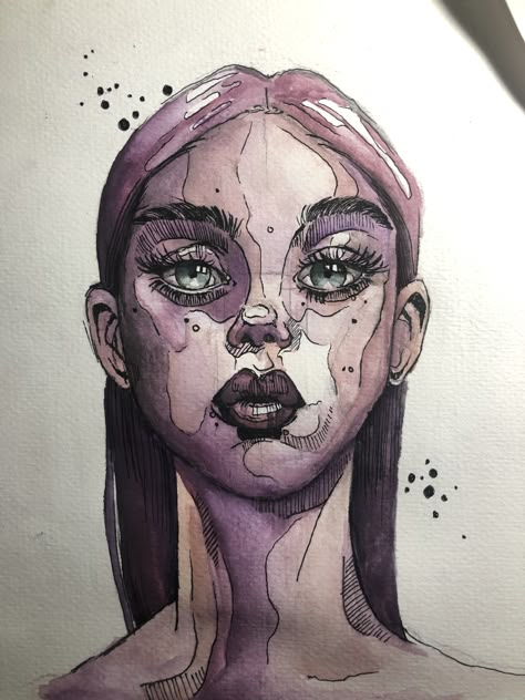 Watercolor And Pen Art Portrait, Watercolor Art Face Abstract, Line Art Faces Abstract, Watercolor Art Portrait Faces, Watercolor Painting Ideas Aesthetic, Edgy Watercolor Paintings, Indie Watercolor Art, Edgy Watercolor, Watercolor Drawings Aesthetic