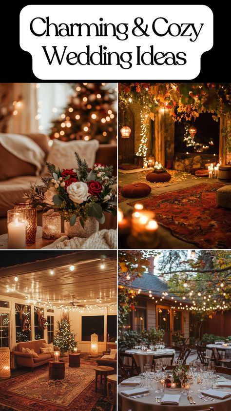 A cozy wedding setup with warm, inviting decorations for a small, intimate celebration. Includes details perfect for fall or winter weddings, cozy Christmas themes, backyard settings, and charming wedding photo ideas, creating a memorable and comfortable atmosphere. Simple Outdoor Winter Wedding, Small Indoor Wedding Decorations, Winter Home Wedding, Cozy Fall Wedding Ideas, Indoor Winter Wedding Reception, Small Wedding Ideas Winter, Small Backyard Wedding Ideas Receptions, Fall Intimate Wedding, Christmas Micro Wedding