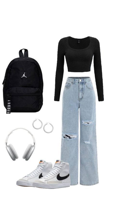 Cute back to school and college outfit #myfirstshuffle #outfit #ootd #outfits #basics #basicoutfit #blackoutfit #outfitideas #inspo #outfitinspo #outfitinspiration Cute Fancy Outfits For School, Cute Everyday Outfits College, School Camp Outfits, College Visit Outfit, Aesthetic Everyday Outfits, Basic College Outfits, Outfit Ideas Collage, School Outfits Basic, College Campus Outfit