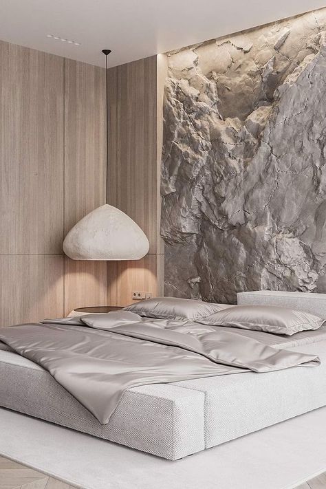 Stone Bedroom Aesthetic, Stone Wall Behind Bed, Bedroom Stone Cladding Wall Ideas, Stone Cladding Bedroom Wall, Bed Back Wall Design Stone, Rock Textures, Bathroom Design Luxury, Apartment Interior Design, Apartment Interior