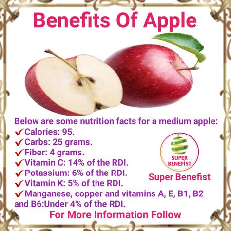 Below are some nutrition facts for a medium apple:  Calories: 95.Carbs: 25 grams.Fiber: 4 grams.Vitamin C: 14% of the RDI.Potassium: 6% of the RDI.Vitamin K: 5% of the RDI.Manganese, copper and vitamins A, E, B1, B2 and B6:Under 4% of the RDI. Apple Calories, Apple Benefits, Fruit Health, Fruit Health Benefits, Vitamin K, Nutrition Facts, Vitamin C, Health Benefits, How Many