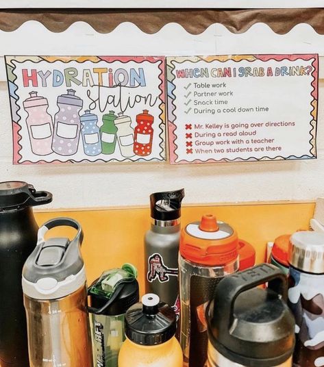 Work Snack Station, Hydration Station Classroom, House Room Design, Elementary Classroom Themes, Teaching Classroom Decor, Classroom Organization Elementary, Teachers Room, Classroom Goals, Teaching Organization