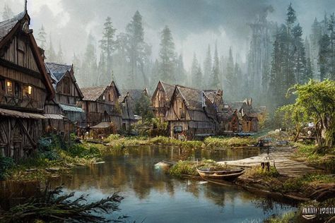 Fishing Village Fantasy Art, Lake Village Fantasy Art, Swamp Village Fantasy Art, Fantasy Water Village, Village In A Forest, Fantasy Coastal Village, Fantasy Fishing Town, Fantasy River Town, Forest Village Art