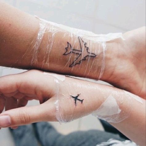 Aircraft Tattoo, Paper Airplane Tattoos, Placement Tattoo, Matching Bff Tattoos, Hand Ideas, Couple Tattoos Unique Meaningful, Airplane Tattoo, Plane Tattoo, Tattoo Tiny