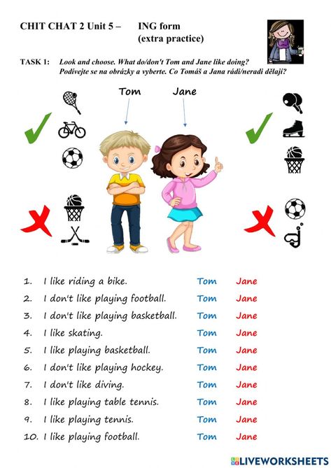 -ING form, verbs, hobbies (like, don't like + ing) online worksheet for Grade 4. You can do the exercises online or download the worksheet as pdf. Like + Ing Worksheets, Ing Form Worksheet, Hobbies Worksheet English, I Like I Don't Like Worksheets For Kids, Like Ing Worksheet, Like Don't Like Worksheet, Hobbies Worksheet For Kids, Verb Ing Worksheet, Excersise For Kids