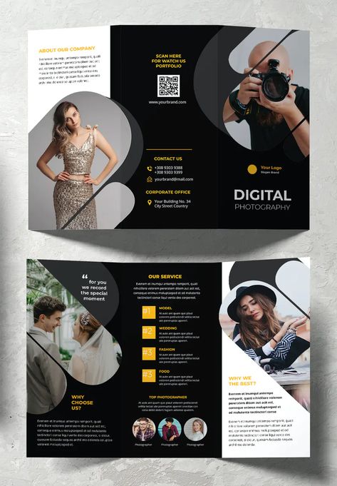 Digital Photography Studio Trifold Brochure Template INDD Photography Brochure Design, Lawyer Website Design, Brochure Photography, Lawyer Website, Elegant Brochures, Photo Studio Design, Digital Brochure, Leaflet Template, Photography Brochure