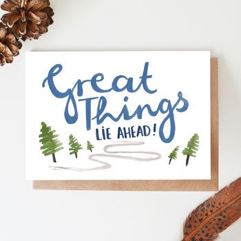 'Great Things Lie Ahead' Blank Card Gouache Illustrations, Good Luck Cards, Simple Quotes, Unique Greeting Cards, American Folk Art, Oliver Bonas, All Paper, Kraft Envelopes, Paper Goods