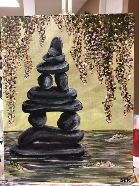 Zen Rock Balancing #EverythingZen #Idontthinkso Rock Balancing Art, Zen Art Paintings, Acrylic Beginner, Rock Balancing, Beach Scene Painting, Zen Rock, Zen Painting, Paint Night, Easy Canvas Painting