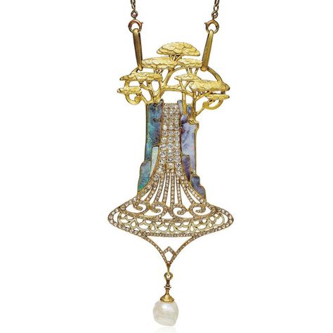 ART NOUVEAU OPAL DIAMOND AND ENAMEL CEDARS PENDANT NECKLACE BY GEORGES FOUQUET Georges Fouquet, Bijoux Art Nouveau, Nouveau Jewelry, Alphonse Mucha, Art Nouveau Jewelry, Pendent Necklace, Diamond Set, Diamond Pendant Necklace, Gold Texture