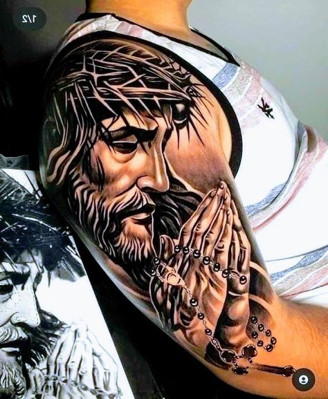 Jesus Tattoo Sleeve, Christus Tattoo, Jesus Christ Tattoo, Aztec Tattoos Sleeve, Jesus Tattoo Design, Pisces Tattoo, Christian Sleeve Tattoo, Christ Tattoo, Mens Shoulder Tattoo