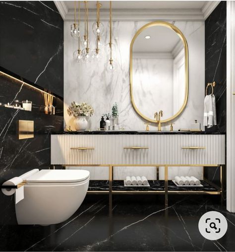 Black And Gold Washroom, Luxury Black Bathroom, Modern Glam Bathroom, Small Washroom Design, Luxury Bathroom Vanity, Black And Gold Bathroom, Modern Luxury Bathroom, Small Toilet Room, Concrete Bathroom