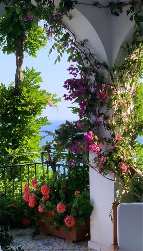 Amalfi Coast Garden, Bougainvillea Italy Amalfi Coast, Italy Villa Aesthetic, Villa In Italy Aesthetic, Italian Balcony View, Italian Villa By The Sea, Italian Photography, Dream Holidays, Amalfi Italy