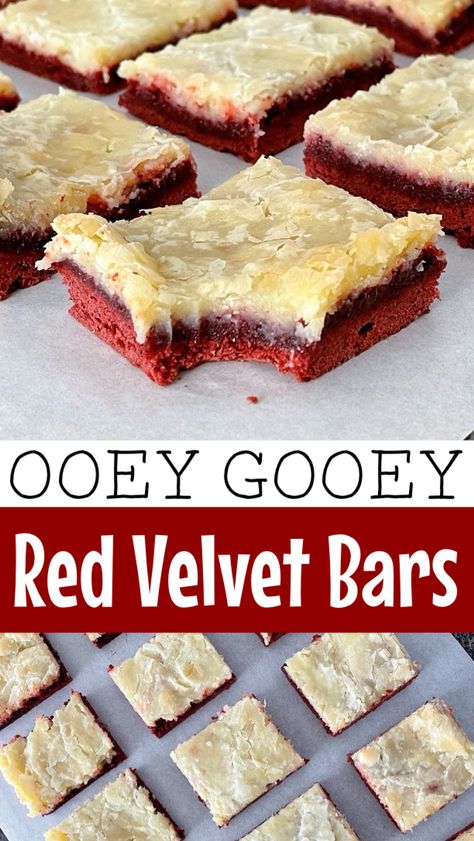 Looking for a delicious and easy red velvet recipe? Try these Red Velvet Ooey Gooey Bars made with cake mix, cream cheese, and just a few other simple ingredients. Perfect for special occasions or as an indulgent treat any time! Red Velvet Ooey Gooey Cookies, Red Velvet Squares, Ooey Gooey Chocolate Bars, Red Velvet Chess Squares, Easy Red Velvet Recipes, Red Velvet Ooey Gooey Cake, Red And Yellow Desserts, Red Velvet Bars Cream Cheese, Red Velvet Ooey Gooey Bars