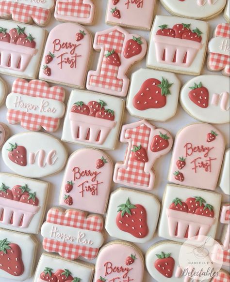 First Birthday Strawberry Cookies, Strawberry Cookies First Birthday, Berry Cute 1st Birthday, 1st Birthday Party Strawberry Theme, Strawberry Themed 1st Birthday Cookies, My Berry First Birthday Cookies, Food For Berry First Birthday, Berries Birthday Theme, Berry Birthday Cookies