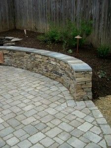 Stone Wall Lighting, Patio Stone Wall, Seating Wall Patio, Fall Lawn Maintenance, Stone Seating, Patio Walls, Sitting Wall, Flagstone Steps, Paver Ideas