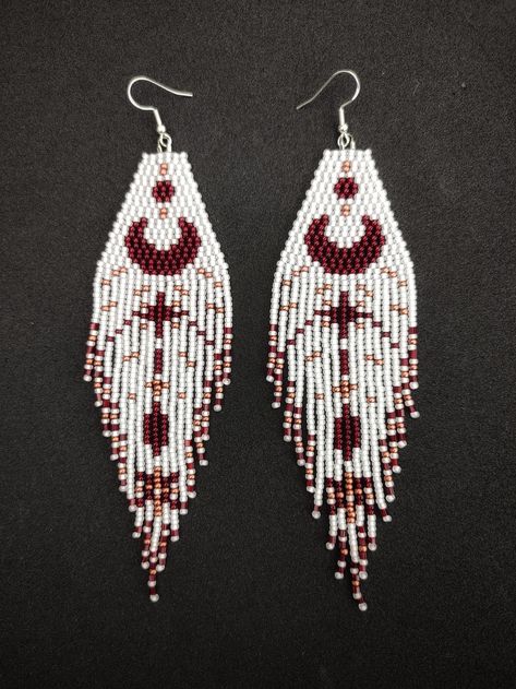 Maroon Crescent Beaded Earrings Seed Bead Beadwork Fringe - Etsy Canada Amulet Aesthetic, Witchy Beaded Earrings, Seed Bead Patterns Free Earrings, Moon Seed Bead Earrings, Moon Fringe Earrings, Gothic Seed Bead Earrings, Celestial Beaded Earrings, Magic Amulet, Seed Bead Patterns Free