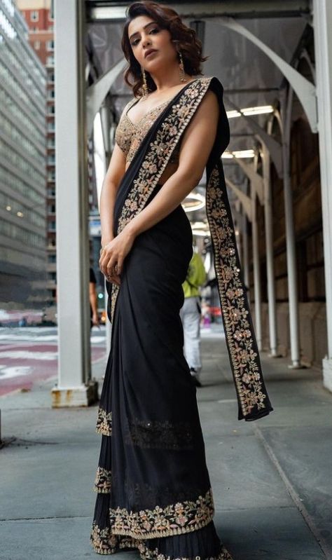 Black Sari, Samantha Ruth Prabhu, Sarees For Girls, Samantha Ruth, Ruffle Saree, Ready To Wear Saree, Black Saree, Ruffles Fashion, Embellished Blouse