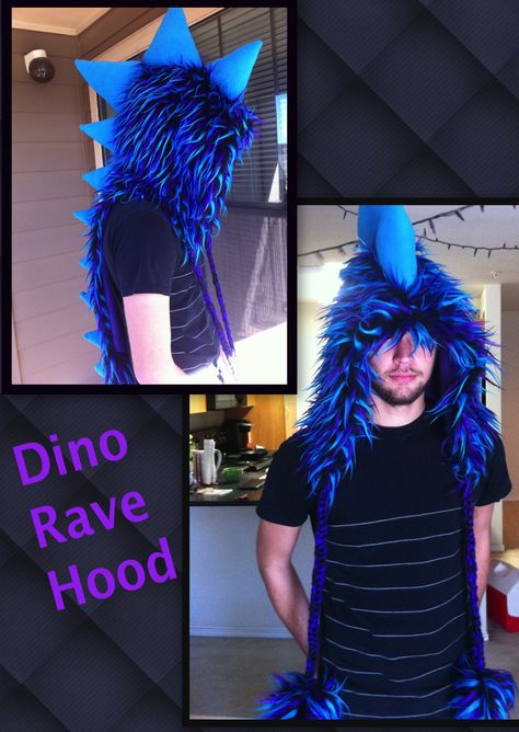 Blue and Purple custom Dino Hood Spirit Hood, Dino Rave Outfit, Blue Scene Outfits, Partial Fursuit Outfits, Rave Outfits Scene, Lagoon Blue Monster High Costume, Robot Costumes, Rave Fits, Silly Clothes