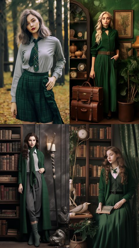 Hogwarts Winter Uniform, Harry Potter Wizard Fashion, Harry Potter Uniform, Slytherin Outfit, Slytherin Fashion, Hogwarts Uniform, Librarian Style, Hobble Skirt, Nerd Fashion