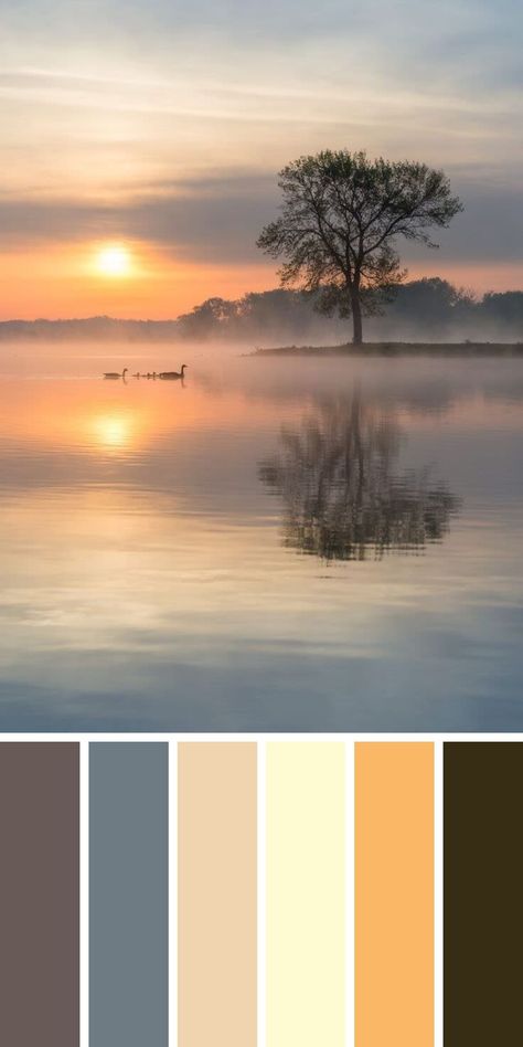 Nature is the best source of inspiration for the beautiful and unique color combinations. Sky colors reflected in the lake during the dawn time give us an incredible color pallette from grayish blue to orange to almost black davis gray. Just incredible! Grayish Color Palette, Dawn Color Palette, Lake Color Palette, 21 Draw, Heavenly Virtues, Colour Pallettes, Yellow Color Combinations, Lake Theme, Sunset Color Palette