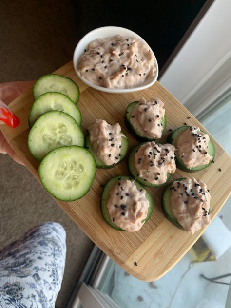 Cucumber Tuna Sushi Rolls, Tuna Salad On Cucumber Slices, Tuna Cucumber Sushi, Seared Tuna With Sesame Seeds, Japanese Cucumber Seaweed Salad, Tuna Mayo, Sesame Seeds, Cucumber, Seeds