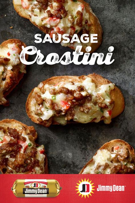 Sausage Crostini, Crostini Recipe, Jimmy Dean, Finger Food Appetizers, Pork Sausage, Herbs And Spices, French Bread, Party Food Appetizers, Breakfast Brunch Recipes