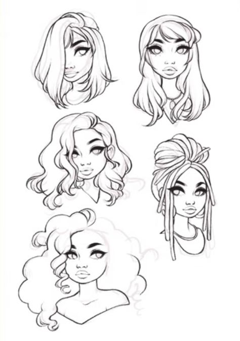 Hair Artstyle Drawing, Wavy Hair Styles Drawing, Wavy Hairstyles Drawing Reference, Cute Cartoon Hairstyles, Cartoon Hairstyles Reference, Black Hairstyles Drawing Reference Women, Drawing Hair Front View, Cartoon Woman Face, Big Hair Reference