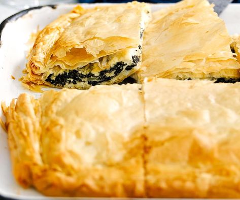 This dish can be made with baby spinach instead of silver beet. It cuts out the work of preparing the silver beet, but is considerably more expensive. Vegetarian Pie Recipes, Spanakopita Recipe, Feta Pizza, Savory Pies Recipes, Slow Cooked Meat, Feta Recipes, Filo Pastry, Flaky Pastry, Savory Pie