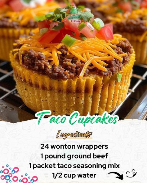 Taco Cupcakes Wonton, Taco Wonton, Taco Cupcakes, Taco Cups, Wonton Wrappers, Mexican Food Recipes Easy, Bake Sale, Fun Family, Party Snacks