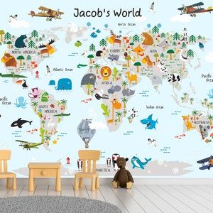 Map Mural, Playroom Wall Decals, World Map Mural, Map Wall Decal, Animal Baby Room, Map Wall Mural, Kids World Map, Wallpaper Kids, Map Murals