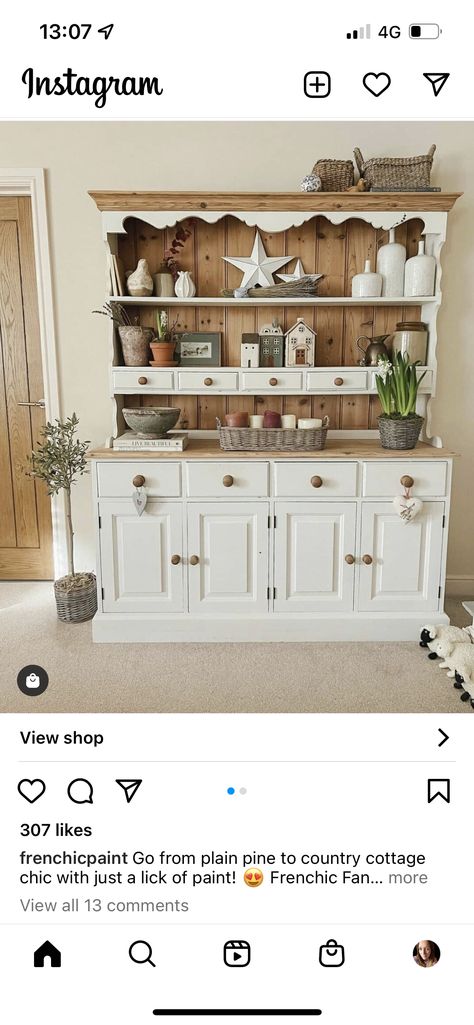 Antique Dresser In Kitchen, Kitchen Dresser Decor, Kitchen Dresser Display, Dining Room Dresser, Cottage Kitchen Inspiration, Heritage Kitchen, Dresser Styling, Large Dresser, Vintage Buffet