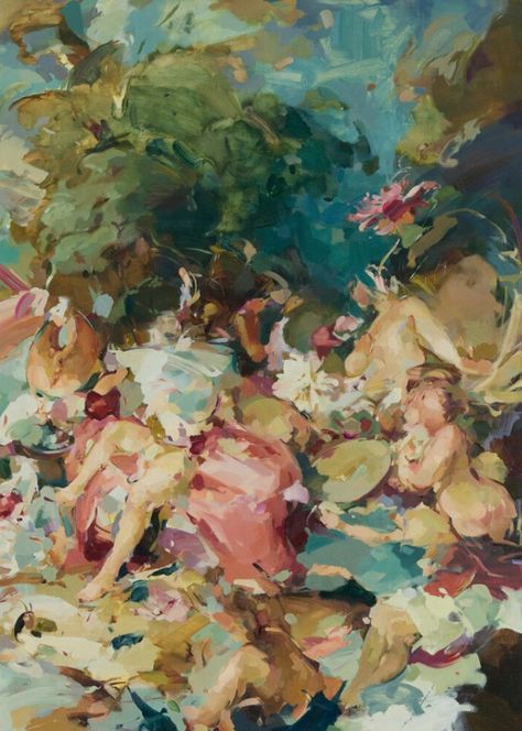 2019 oil on linen If All The World Were Jell-O by Flora Yukhnovich Flora Yukhnovich, Painting Motivation, Masculinity And Femininity, Caroline Walker, Rococo Painting, High Culture, Abstract Landscape Art, Rococo Art, Baroque Painting