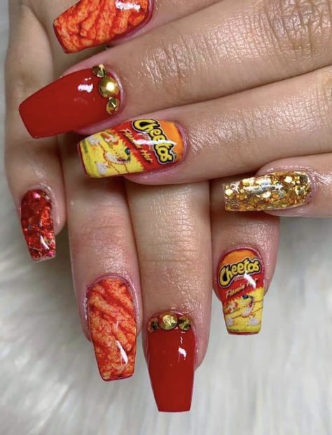 Cheeto Nails, Hot Cheetos Party, Gel Nails Toes, Cheeto Girl, Flamin Hot Cheetos, Stained Nails, Princess Peach Cosplay, Chester Cheetah, Texas Nails