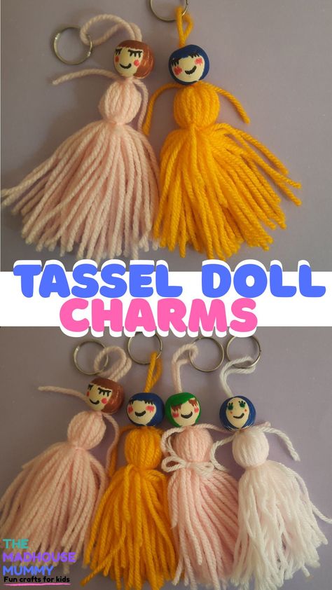 Easy guide on how to make yarn tassel dolls. Diy bag charm/keyring craft best suited for children aged six and upwards. #craftsforkids #handmadecharmcraft #handmadegift #howtomakeyarntassels #yarncraftsforkids How To Make Tassel Dolls, Tassel Dolls Diy, Tassel Dolls, Diy Bag Charm, Crafternoon Ideas, Keyring Craft, Diy Yarn Dolls, Dolly Madison, Homemade Shoes