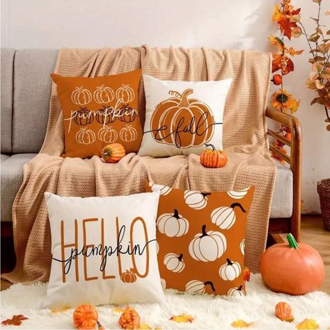 Super Cute And Stylish Ships In 5-10 Business Days 4pcs Fall Pillow Covers 18 X 18 Inch Hello Pumpkin Throw Pillow Case Autumn Orange White Pumpkin Cushion Cover For Thanksgiving Harvest Farmhouse Home Couch Sofa Car Decor No Pillow Core Pumpkin Cushion, Fall Throw Pillows, Fall Pillow Cover, Fall Pillows, Thanksgiving Decor, Fall Decorations, Decorative Pillow Cases, Linen Pillows, Fall Home Decor